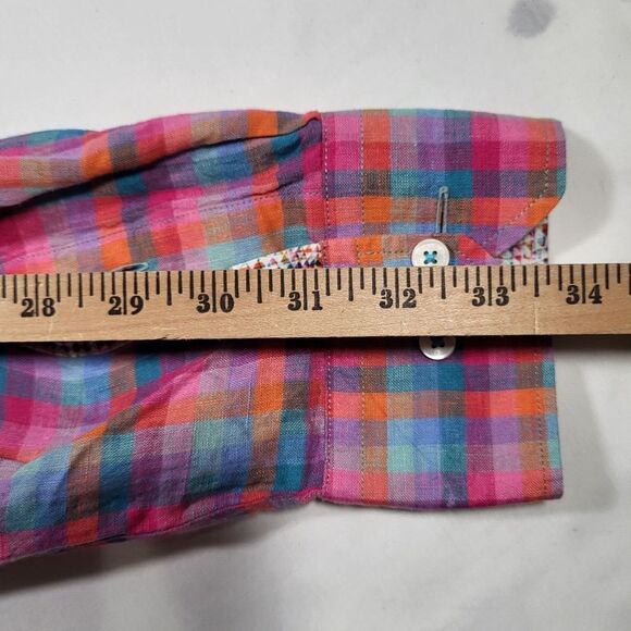 Bugatchi Men's Large Shaped Fit 100% Linen Plaid Long Sleeve Shirt‎ Flip Cuff - Picture 11 of 11